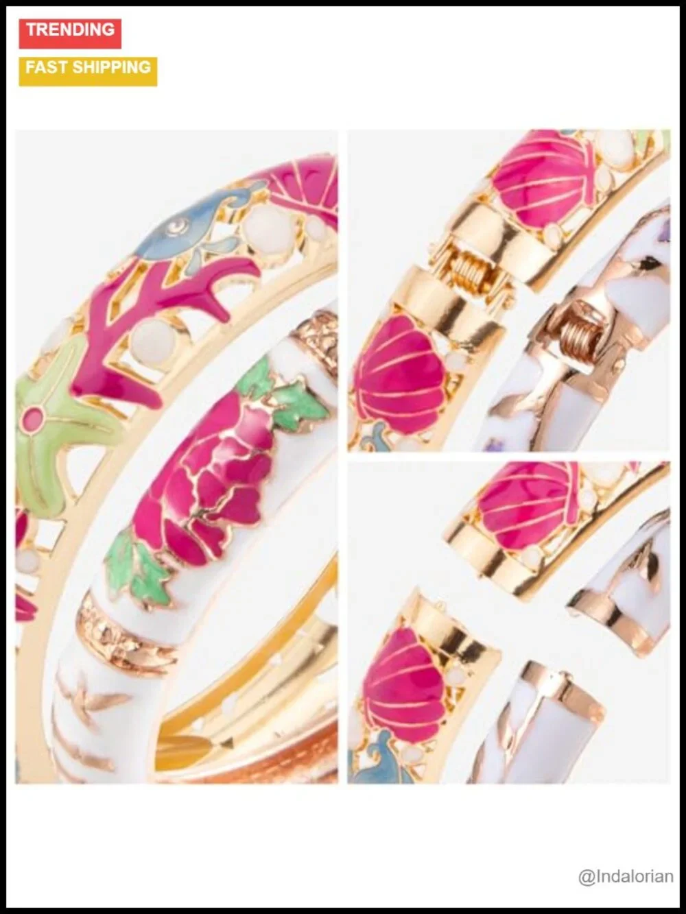 Cloisonne Enamel Cuff Bangle Bracelet Set Gold Plated Spring Hinge Floral